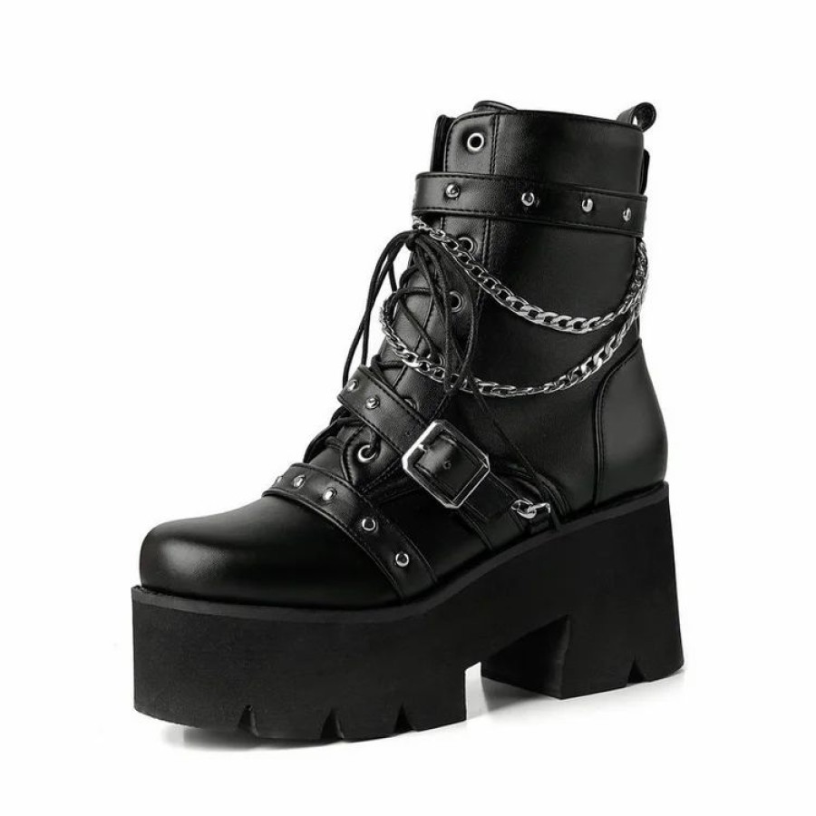 * Metallic Square Toe Chain Straps Rivets Chunky Heel Boots | Boots