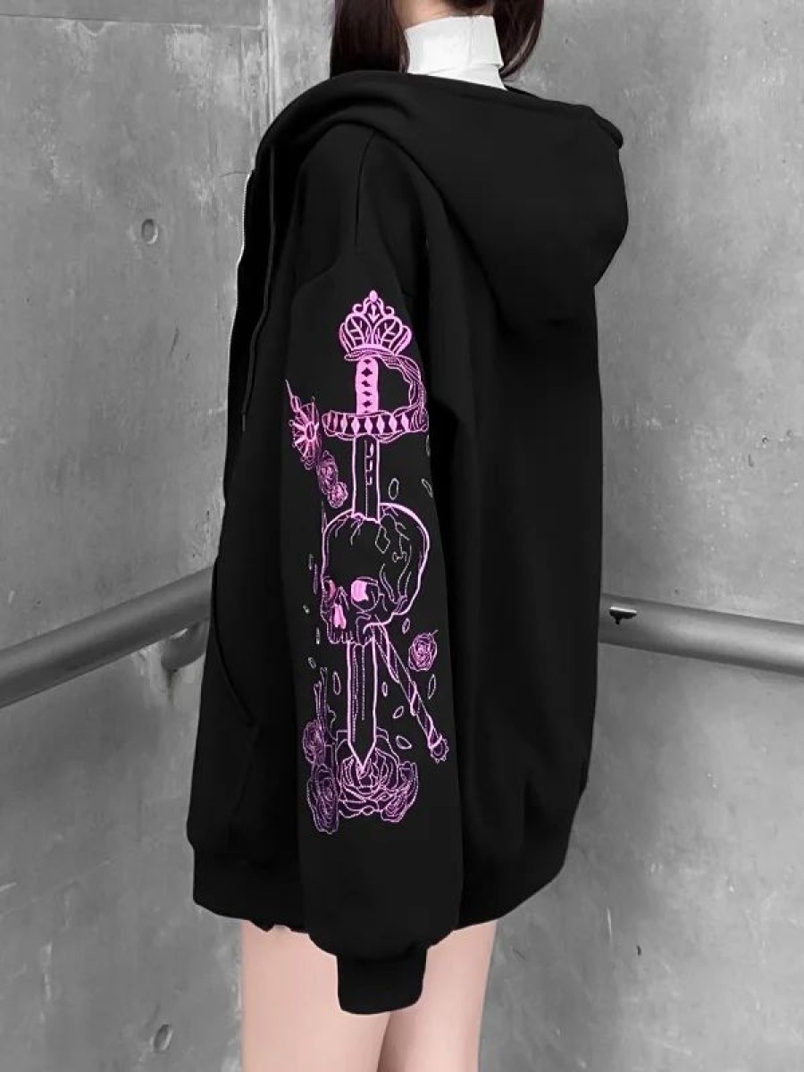 * Gothic Dark Vintage Street Fashion Printed Color-Block Drawstring Zipper Long Sleeve Hooded Jacket | Jackets & Coats