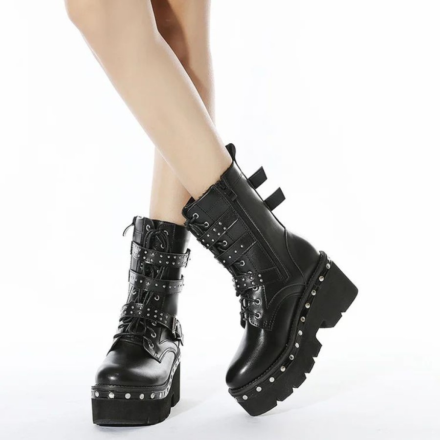 * Rivet Mental Strap Lace Up High Platform Ankle Booties | Boots