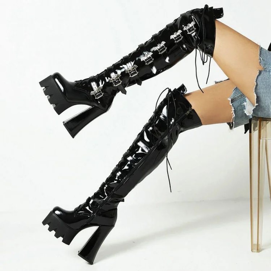 * Punk Statement Bat Straps Decoration High Chunky Heel Platform Over The Knee Boots | Boots