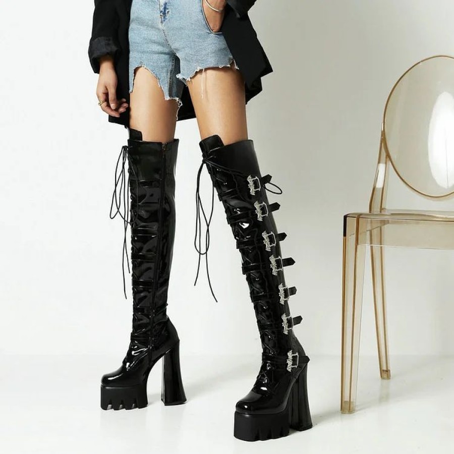 * Punk Statement Bat Straps Decoration High Chunky Heel Platform Over The Knee Boots | Boots