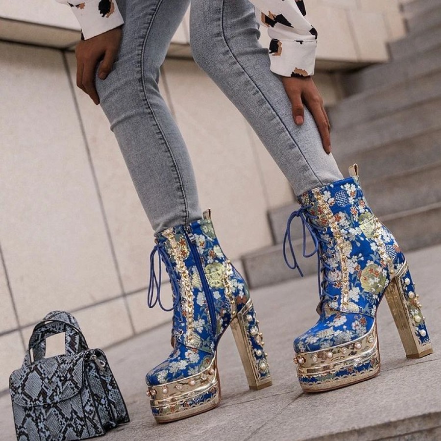 * Wedding Fashion Hand-Set Diamonds Rhinestone Silk Lace Up Platform Chunky Heel Ankle Boots | Boots