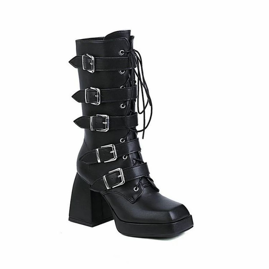 * Dark Vintage Multiple Straps Size Zipper Square Toe Chunky Heel Boots | Boots