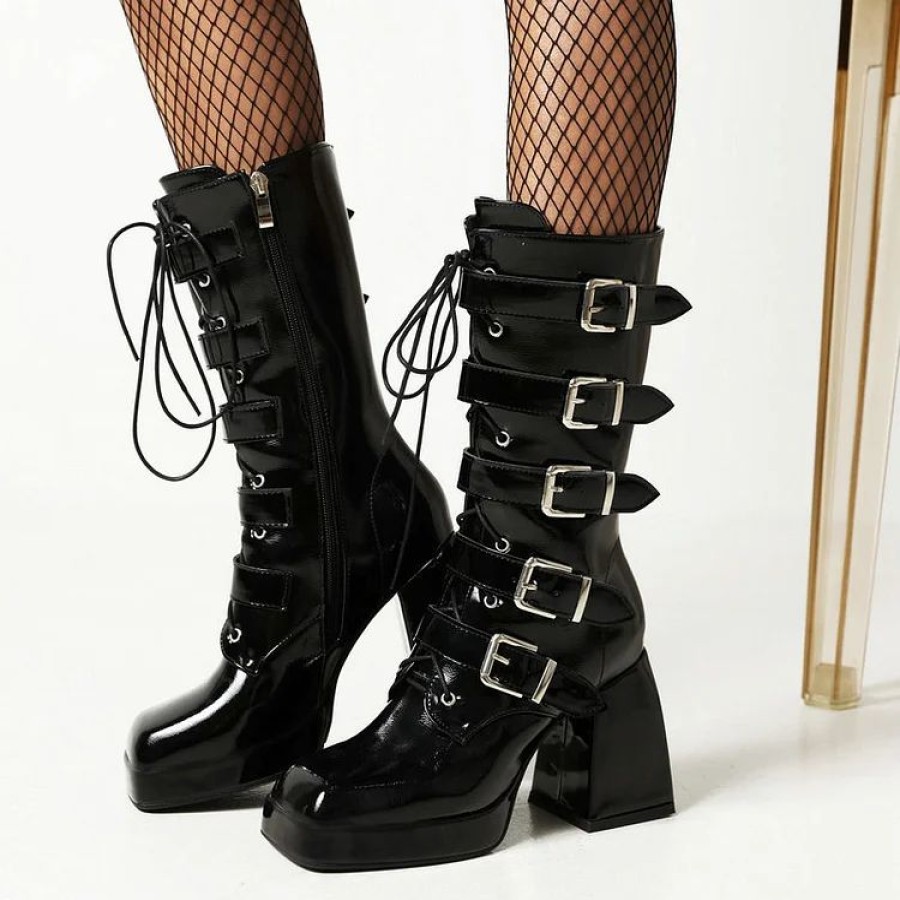 * Dark Vintage Multiple Straps Size Zipper Square Toe Chunky Heel Boots | Boots