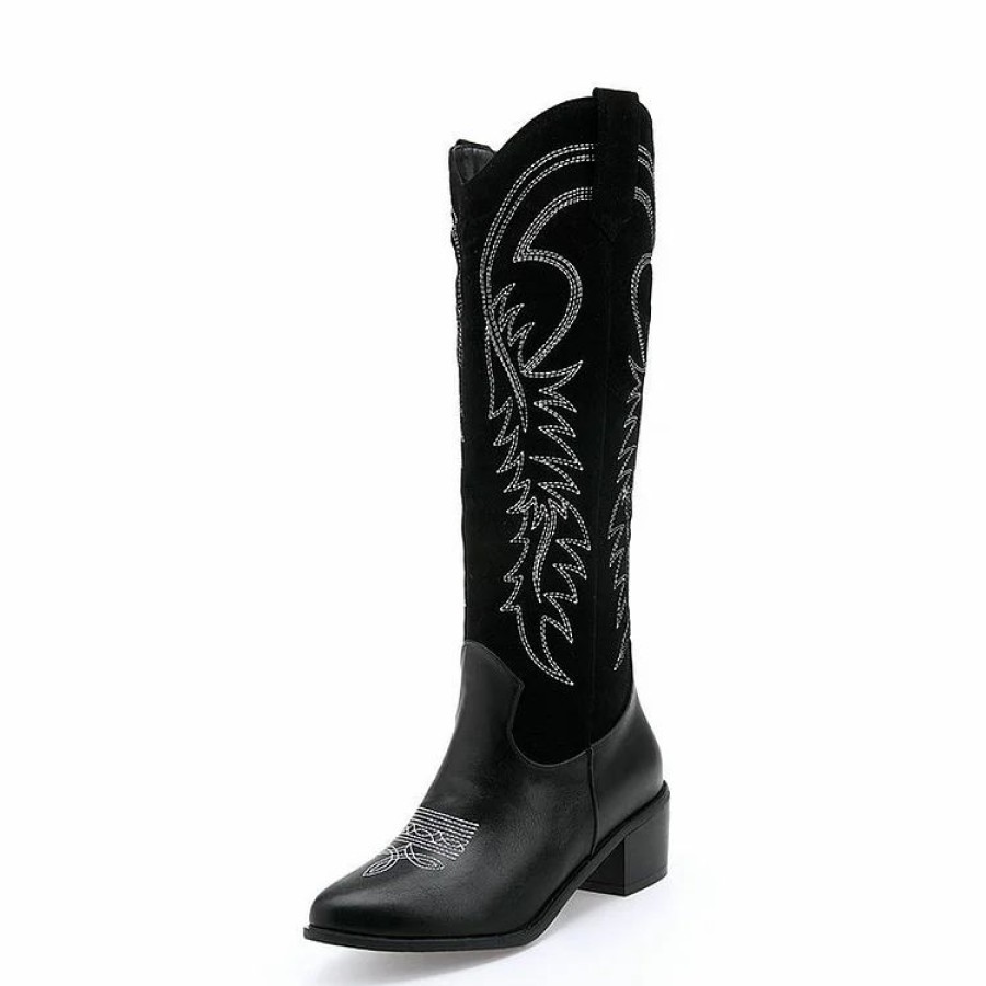 * Retro Embroidery Chunky Heel Pointed Toe Knee High Boots | Boots