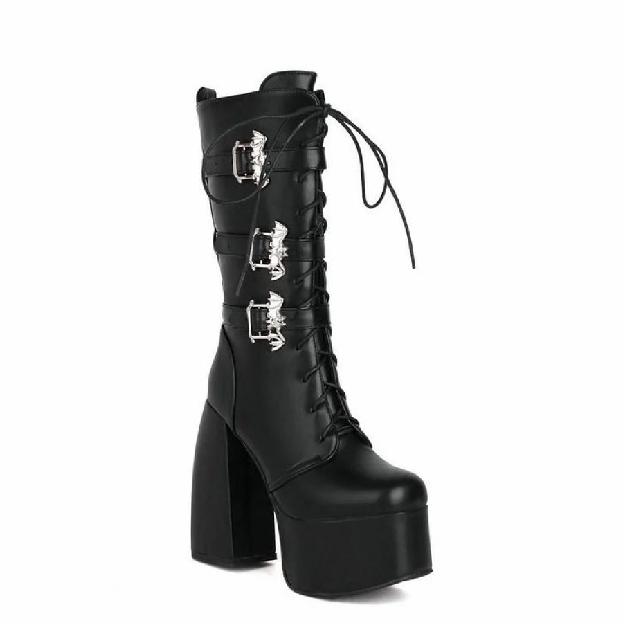 * Punk Bat Buckle Straps Lace Up Round Toe High Chunky Heel Platform Boots | Boots