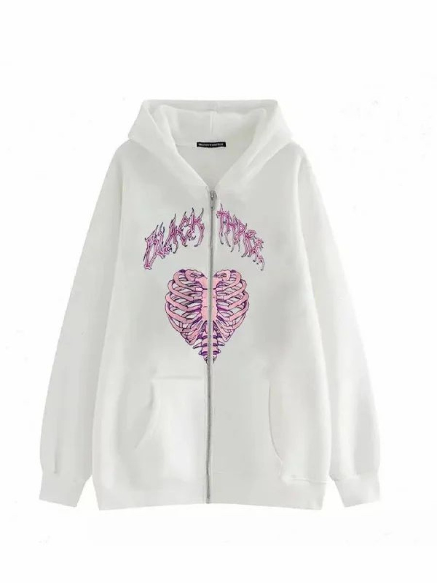 * Y2K Skull Heart Pattern Drawstring Zip Up Jacket | Jackets & Coats