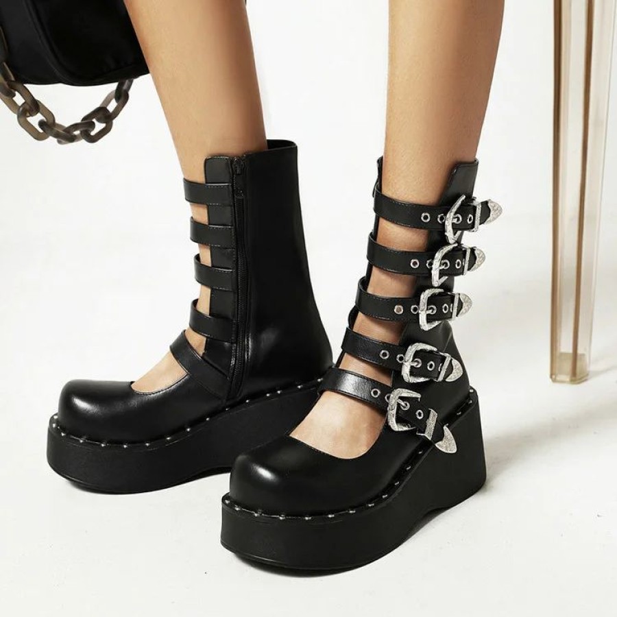 * Punk Metallic Cutout Rivets Straps Platform Sandals | Boots