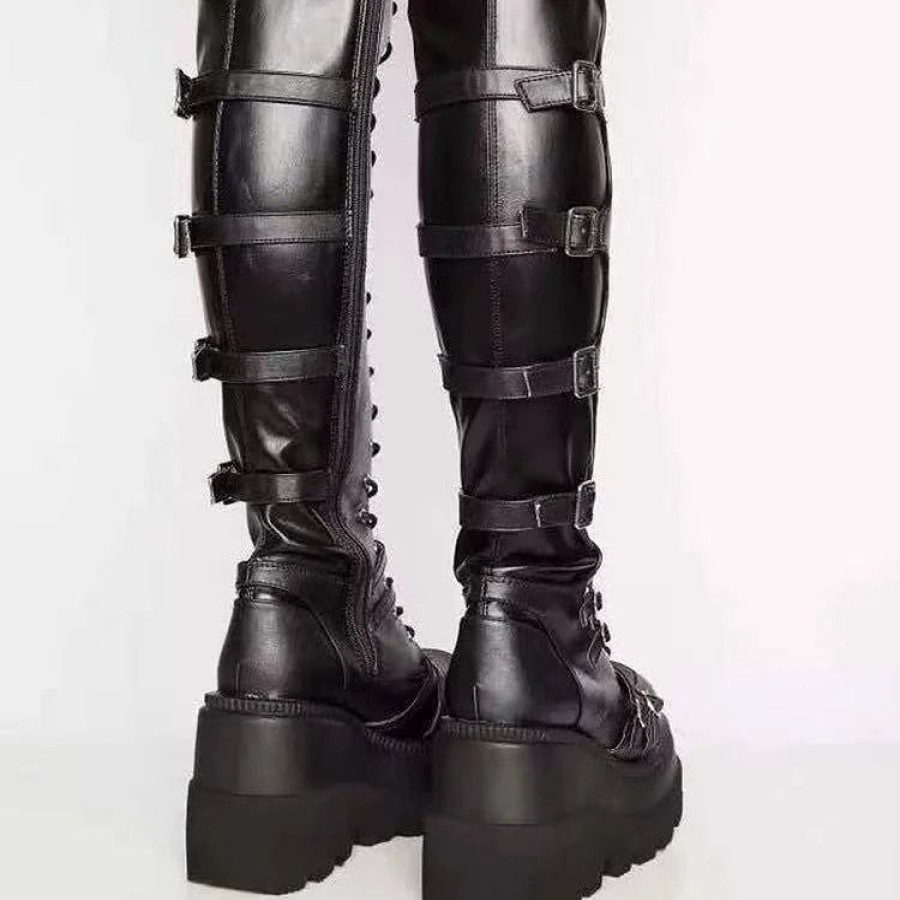 * Mature Round Toe Platform Lace Up Wedge Over The Knee Boots | Boots