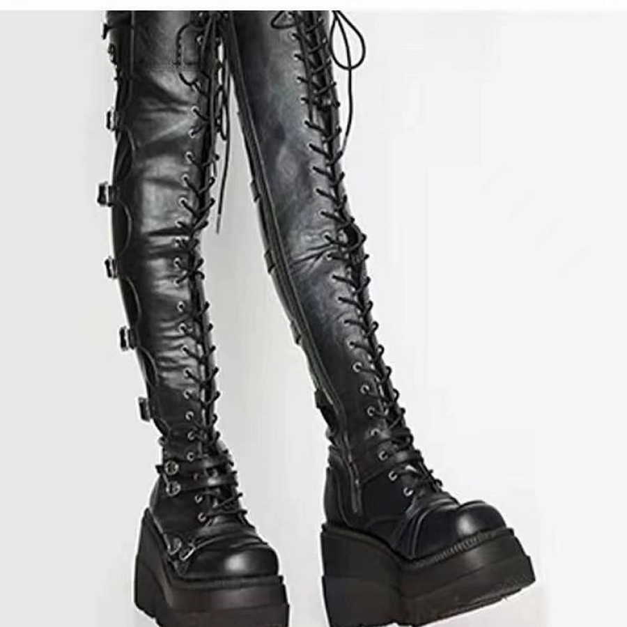 * Mature Round Toe Platform Lace Up Wedge Over The Knee Boots | Boots