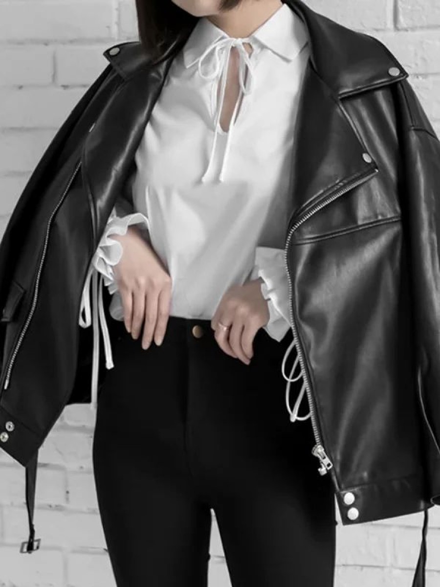 * Casual Solid Shawl Collar Oversize Basic Pu Leather Jacket | Jackets & Coats