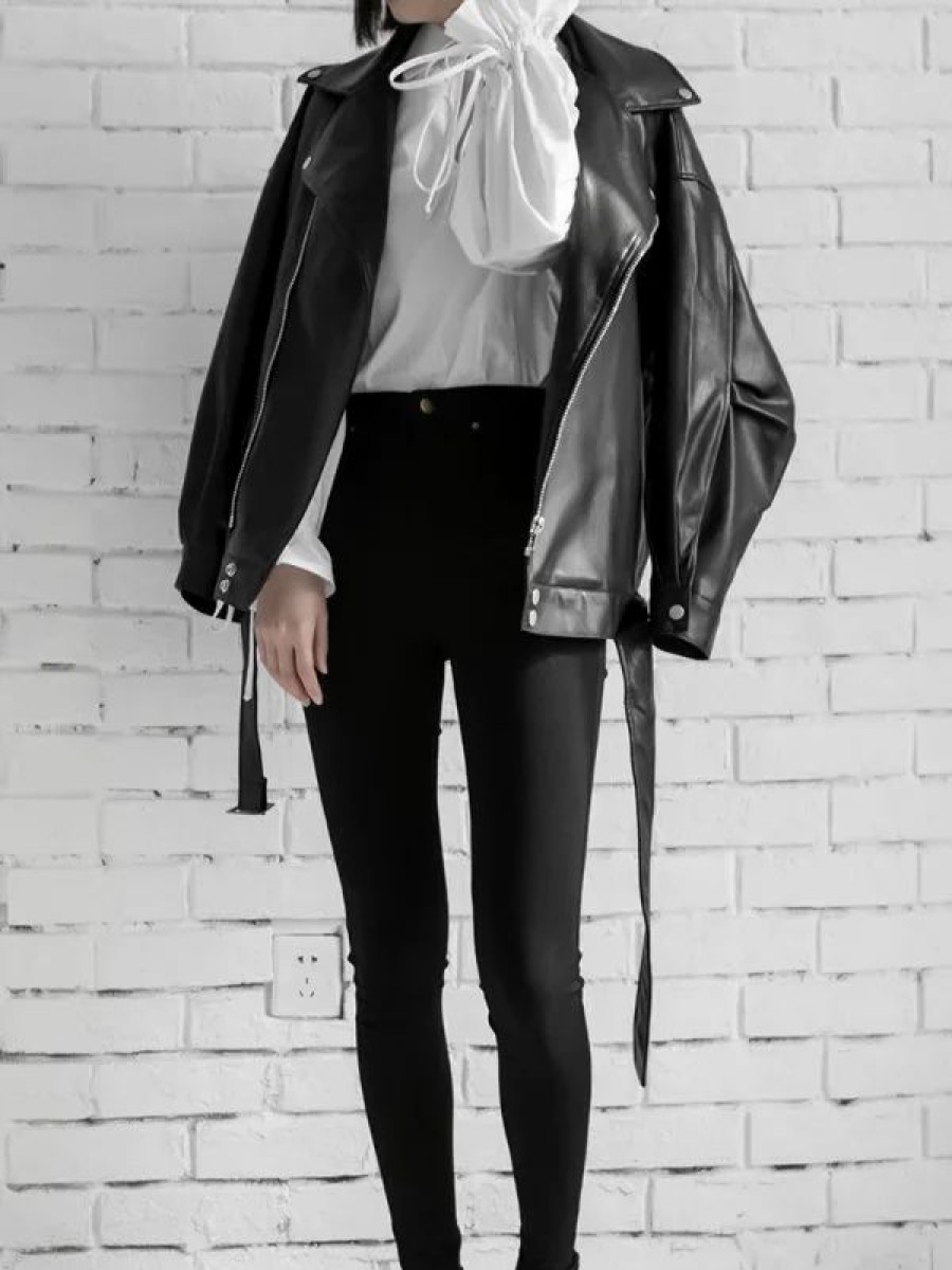 * Casual Solid Shawl Collar Oversize Basic Pu Leather Jacket | Jackets & Coats