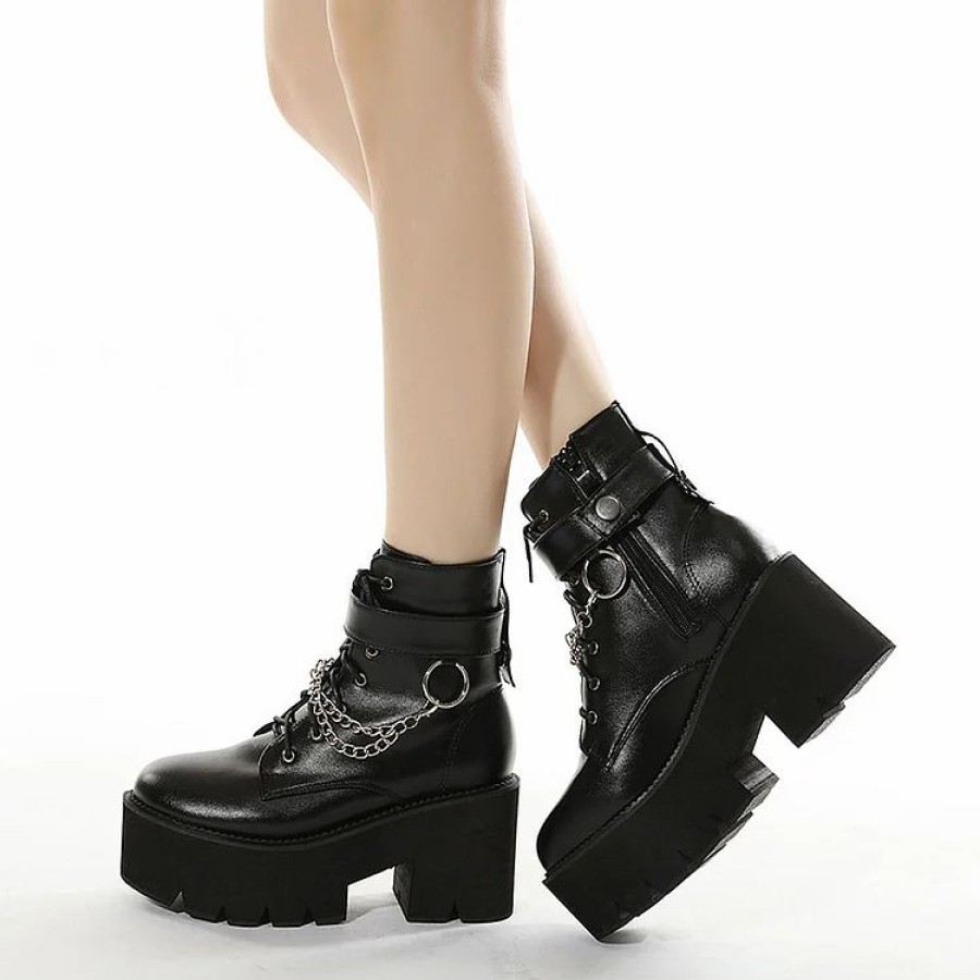 * Platform Pu Chains Lace Up Chunky Heels Ankle Booties | Boots