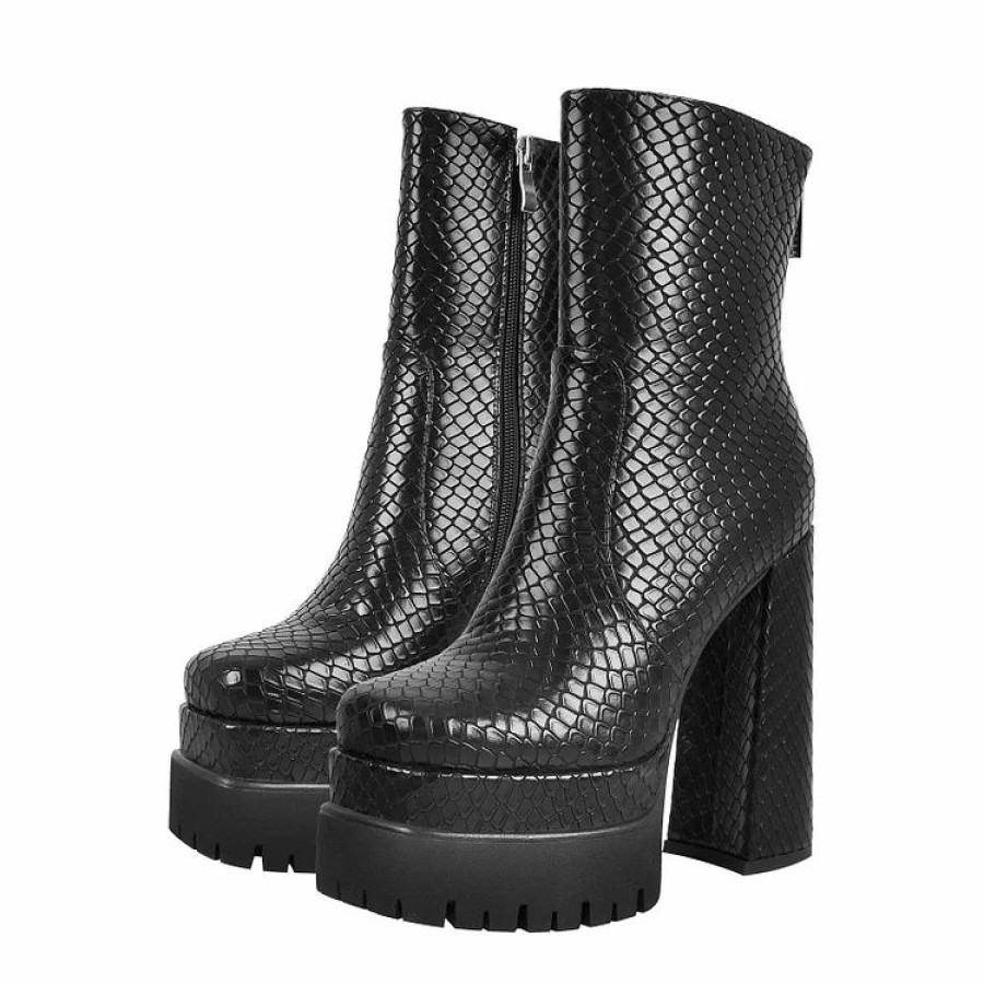 * Fashion Cobra Pattern Back Zipper Solid Color Platform High Chunky Heel Boots | Boots