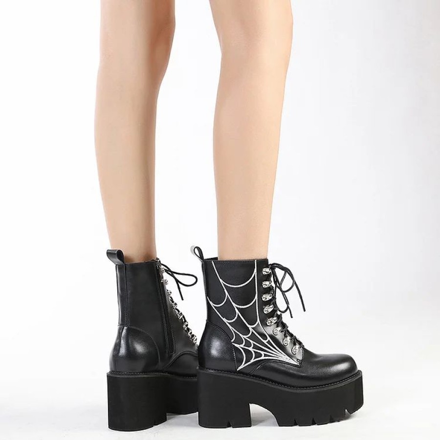 * Gothic Spider Net Embroidered Lace Up Side Zipper Platform Boots | Boots