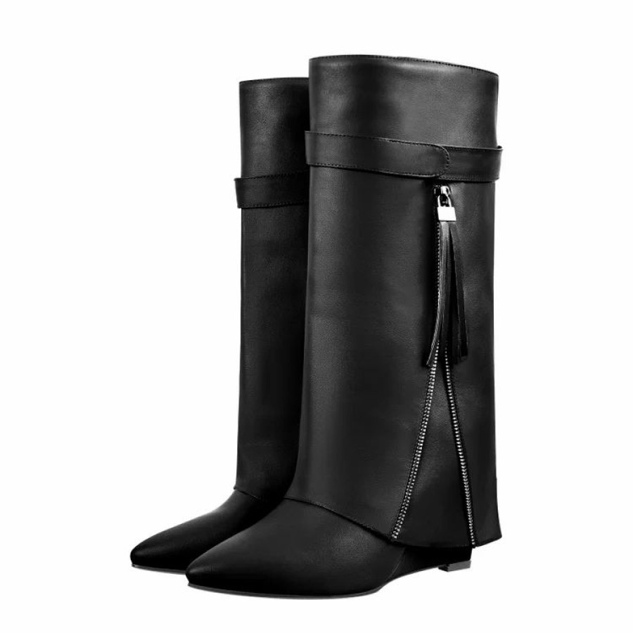 * Women'S Pointed Toe High Heel Wedge Cover Up Fold Over Knee High Boots | Boots