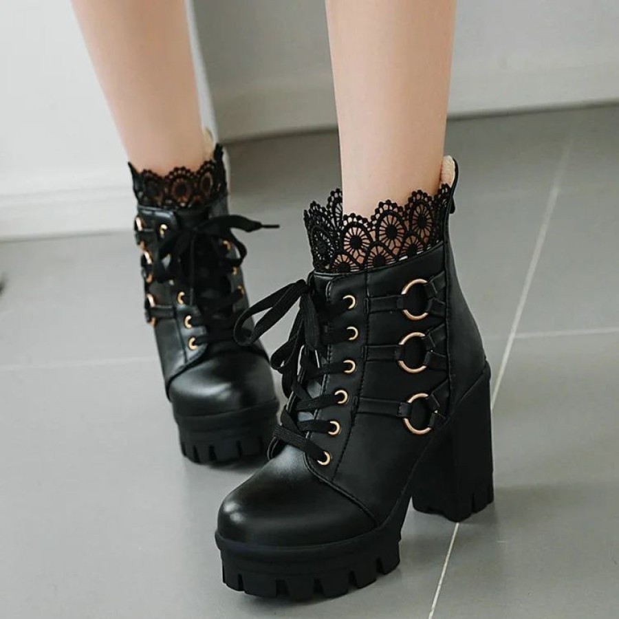 * Victorian Vintage O-Ring Lace Chunky Heel Boots | Boots