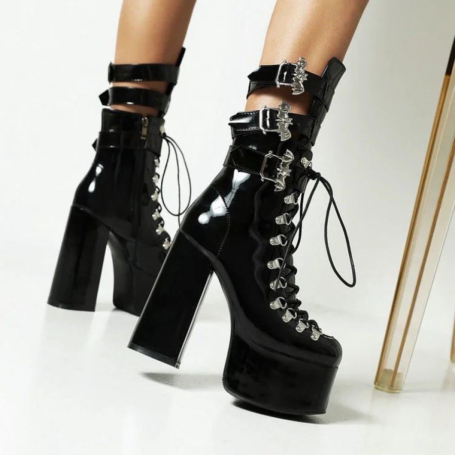 * Gothic Dark Bat Metal Belt Lace-Up Cutout Boots With Chunky Heels | Boots