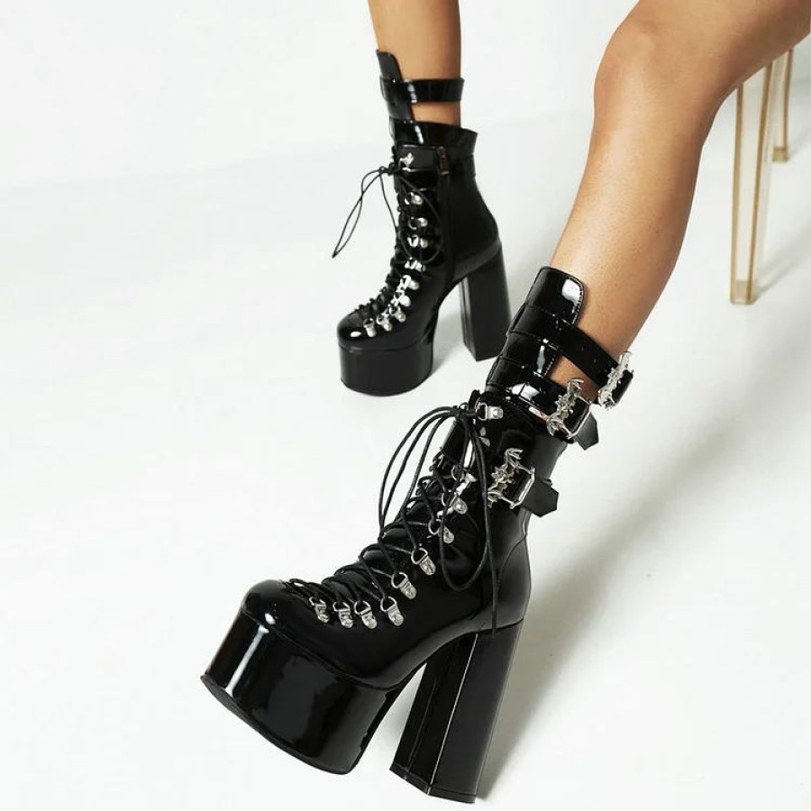 * Gothic Dark Bat Metal Belt Lace-Up Cutout Boots With Chunky Heels | Boots