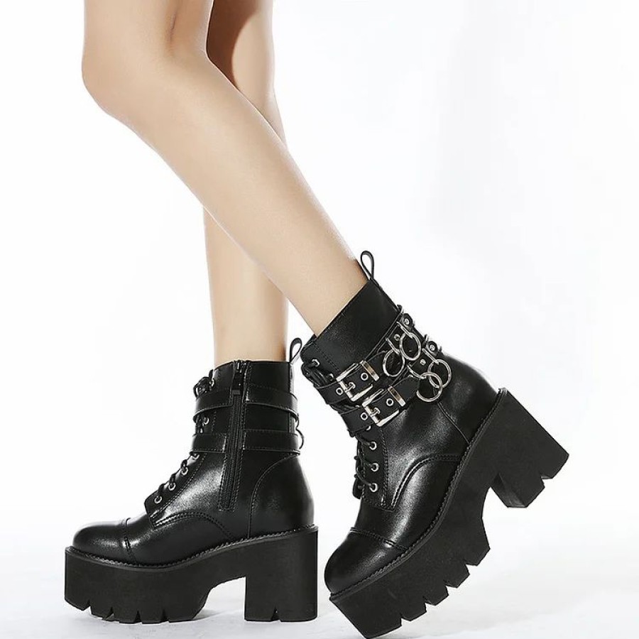 * Buckle Straps O-Rings Platform Zipper Boots | Boots