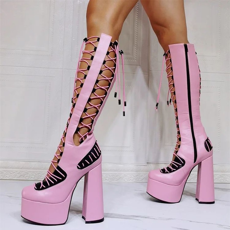 * Statement Cutout Lace Up Pointed Toe Side Zipper Paneled Knee High Boots | Boots