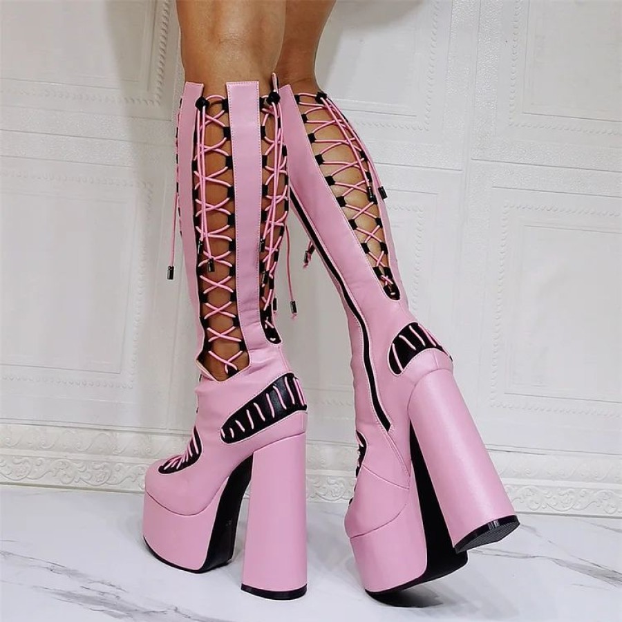 * Statement Cutout Lace Up Pointed Toe Side Zipper Paneled Knee High Boots | Boots