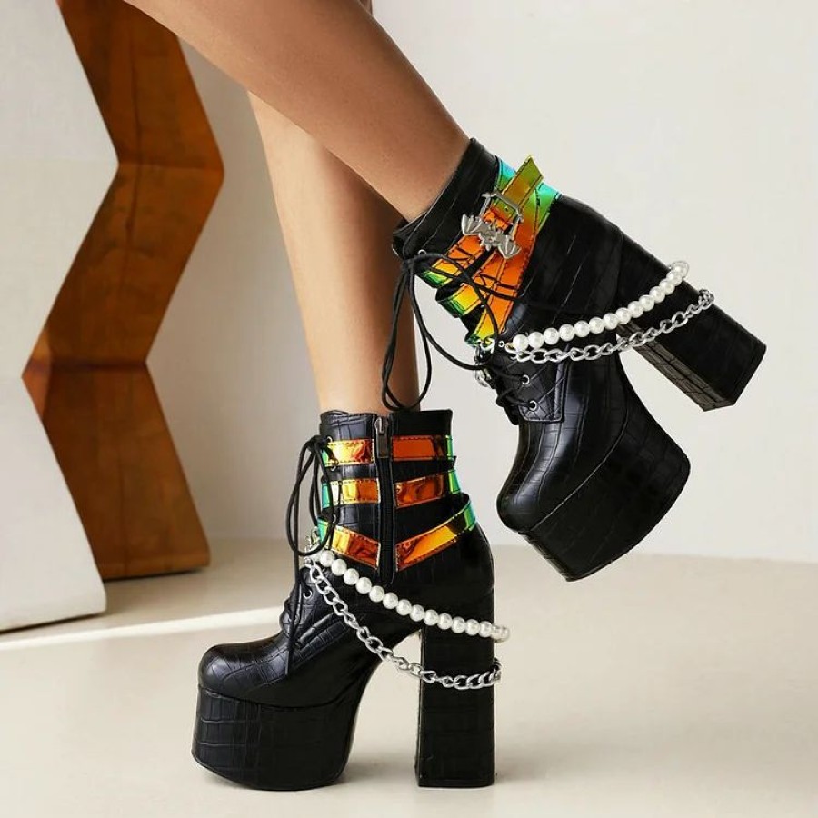 * Layered Chain Color Block Straps Square Toe Platform Boots | Boots