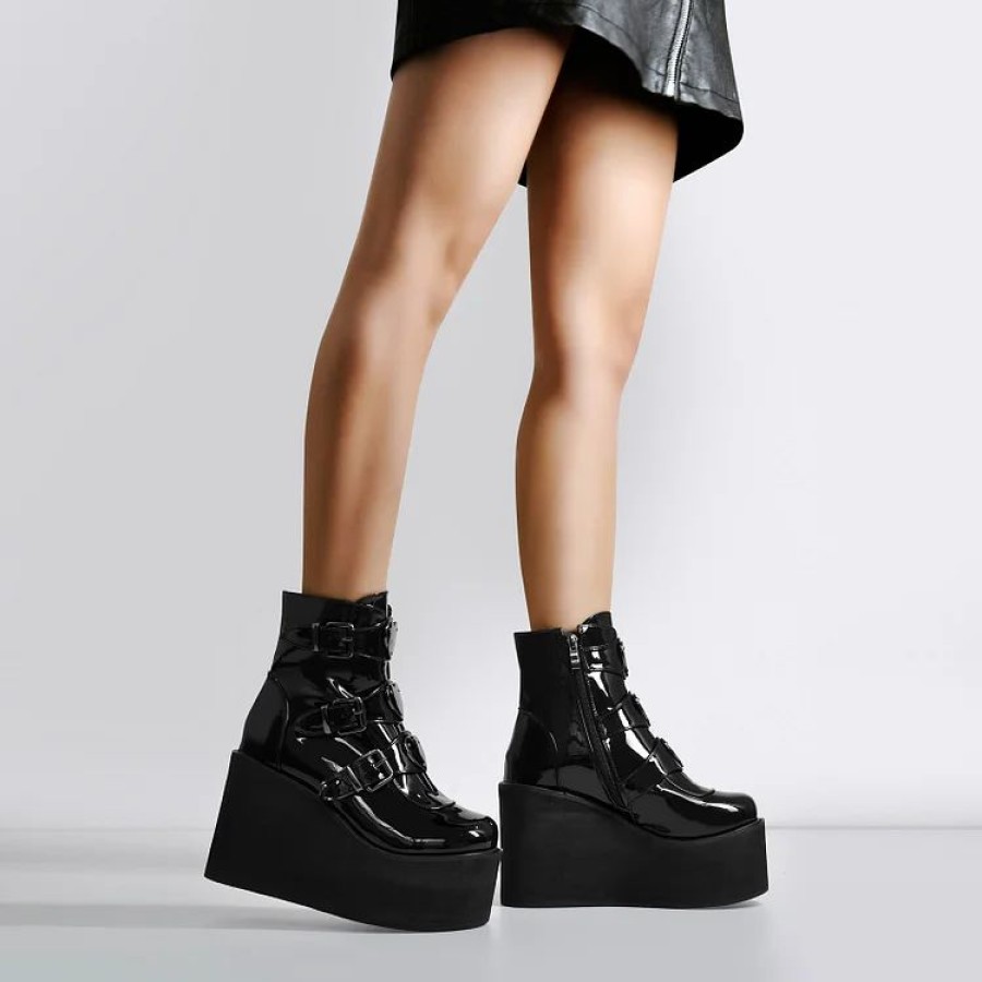 * Patent Leather Platform Multiple Buckle Boots | Boots