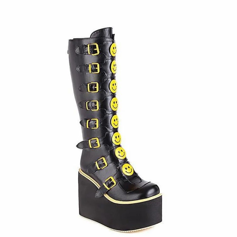 * Trendy Multiple Straps Smile Platform Knee High Boots | Boots