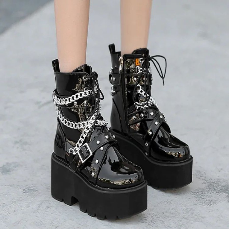 * Patent Leather Lace Up Platform Ankle Boots | Boots