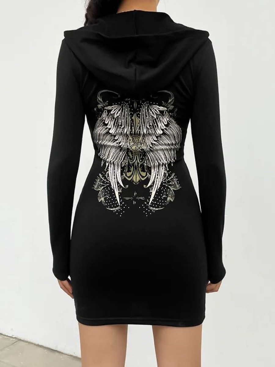 * Gothic Dark Statement Punk Style Dark Wings Printed Color-Block Zipper Long Sleeve Hooded Slim Jacket | Jackets & Coats