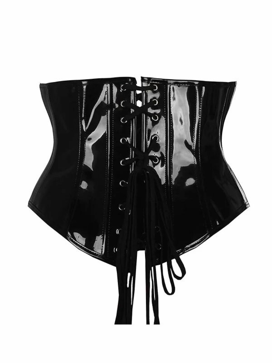 * Gothic Dark Zipper Lace Up Basic Pattern Patent Leather Corset | Corsets & Lingeries