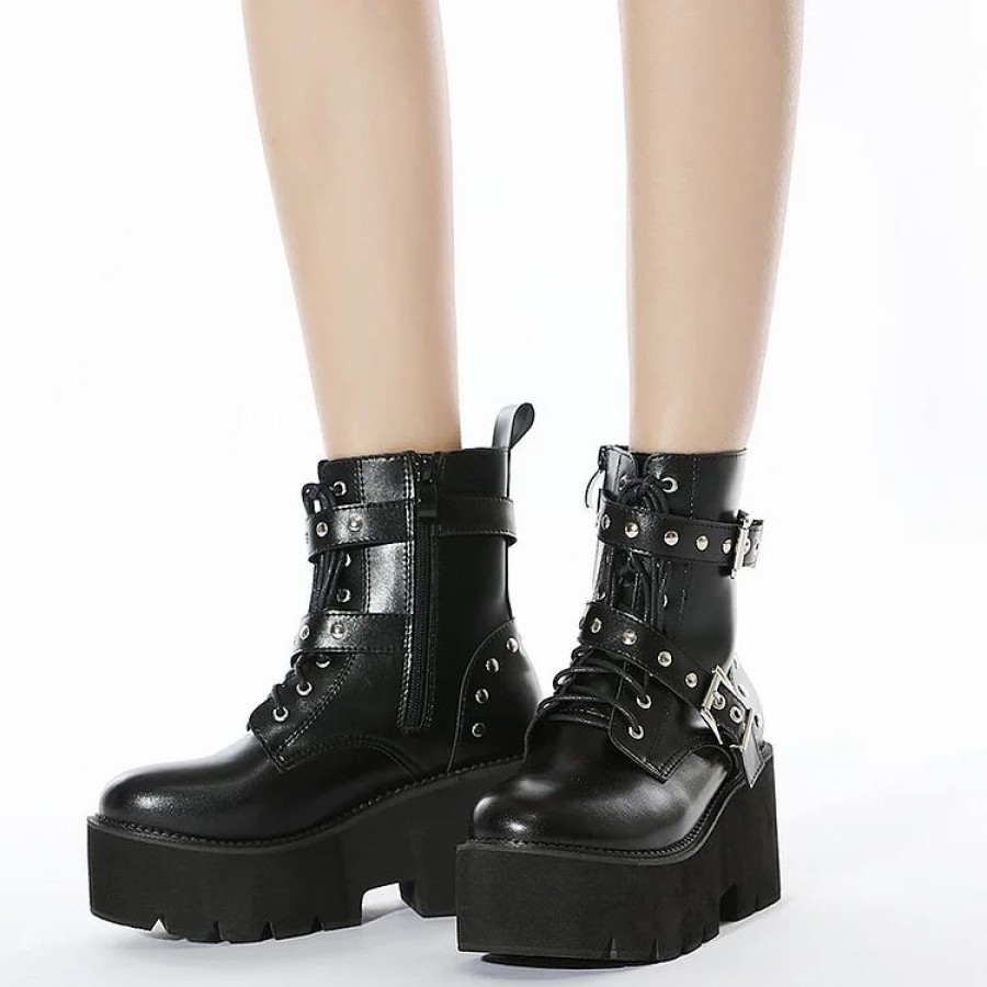 * Round Toe Buckles Lace Up Patent Leather Chunky Heels Ankle Boots | Boots