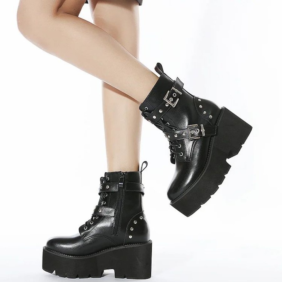 * Round Toe Buckles Lace Up Patent Leather Chunky Heels Ankle Boots | Boots