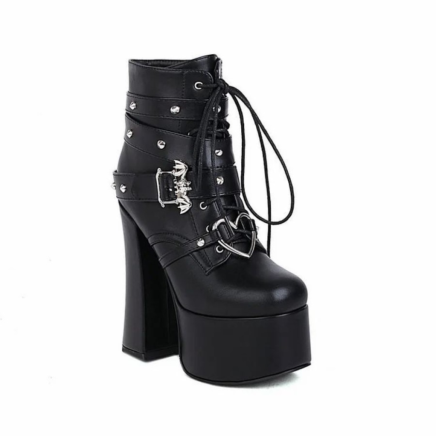 * Rivets Straps Lace Up Hoof Heels Platform Boot | Boots