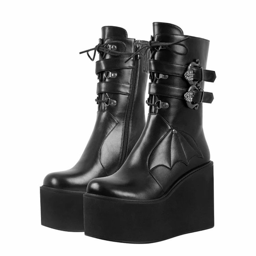 * Goth Bat Wings Stitching Lace Up Buckle Straps Zipper Wedge Platform Boots | Boots