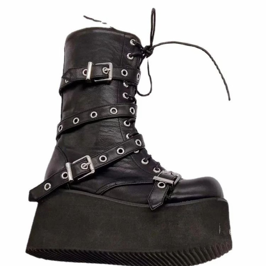 * Punk Round Toe Platform Pu Buckle Wedge Lace Up Martin Mid Calf Boots | Boots