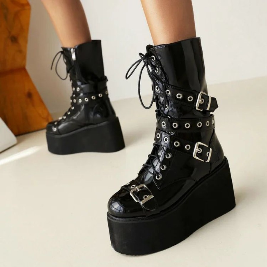 * Punk Round Toe Platform Pu Buckle Wedge Lace Up Martin Mid Calf Boots | Boots