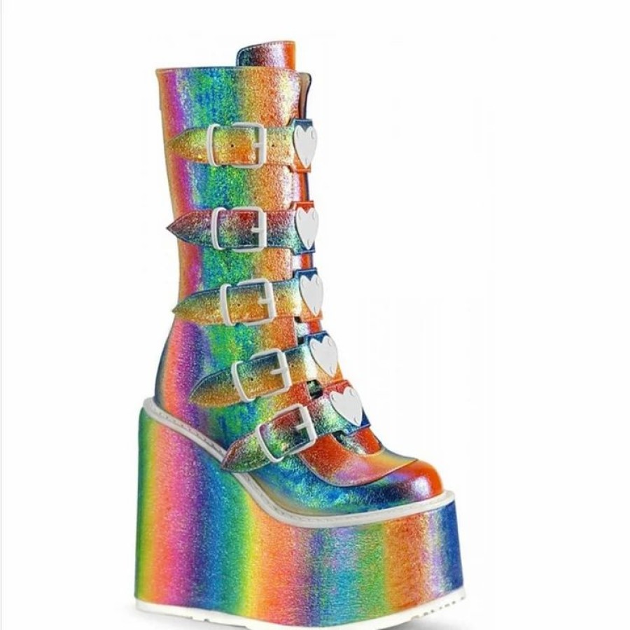 * Holographic Buckles High Platform Booties | Boots