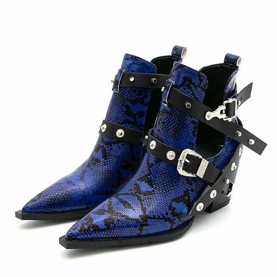 * Cobra Chunky Heel Buckle Straps Pointed Toe Boots | Boots