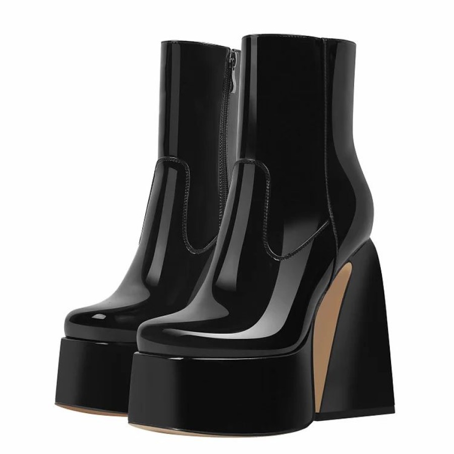 * Statement Side Zipper Solid Color Patent Leather Chunky Heel Platform Boots | Boots