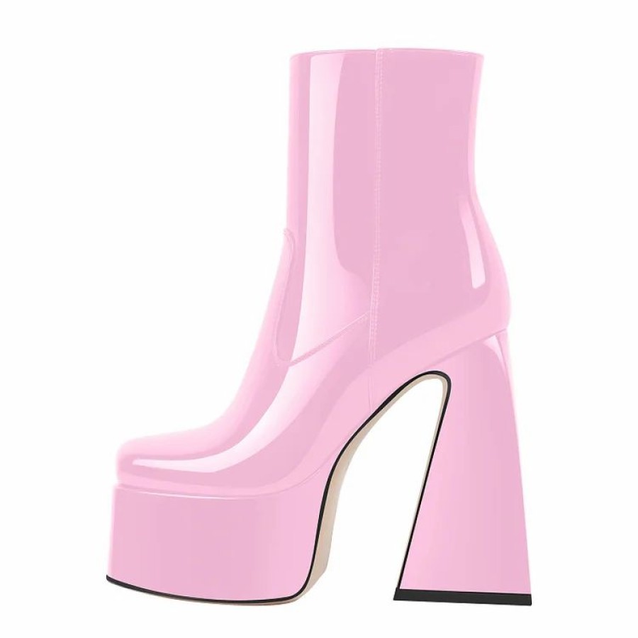 * Statement Side Zipper Solid Color Patent Leather Chunky Heel Platform Boots | Boots