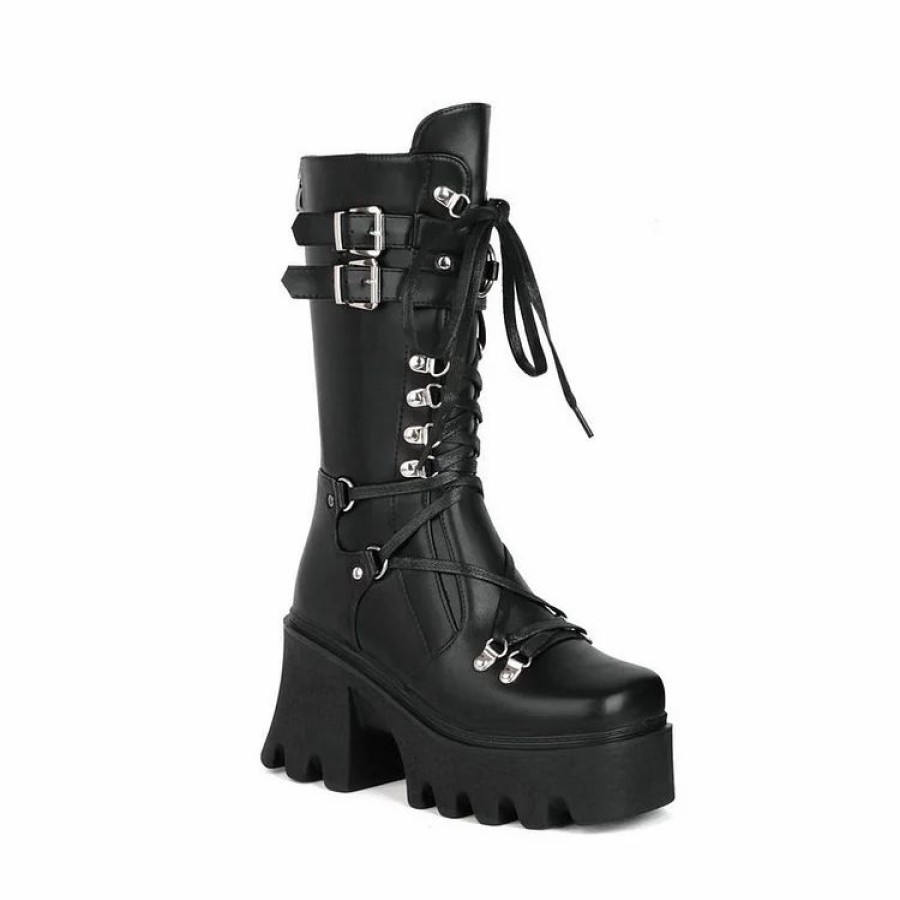 * Statement Metallic Straps Lace Up Back Zipper Platform Boots | Boots