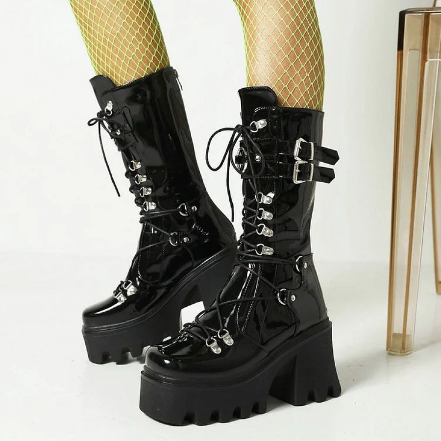 * Statement Metallic Straps Lace Up Back Zipper Platform Boots | Boots