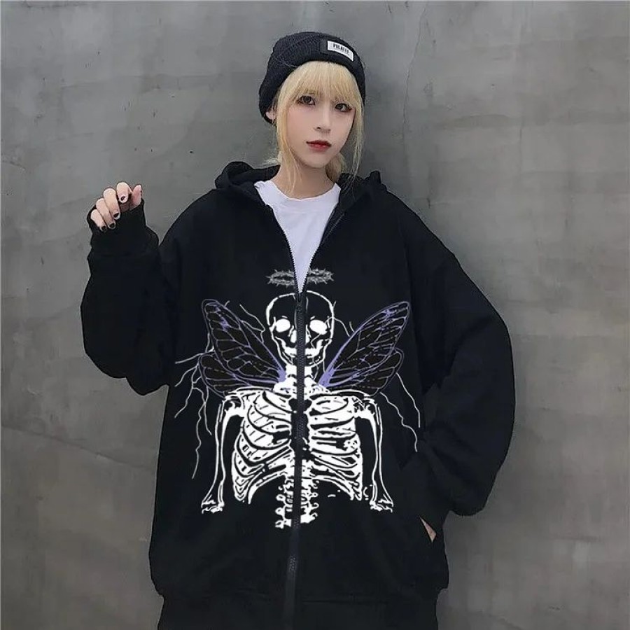 * Dark Goth Skull Printed Drawstring Pullover Long Sleeve Brushed Oversize Zip Up Jacket | Jackets & Coats