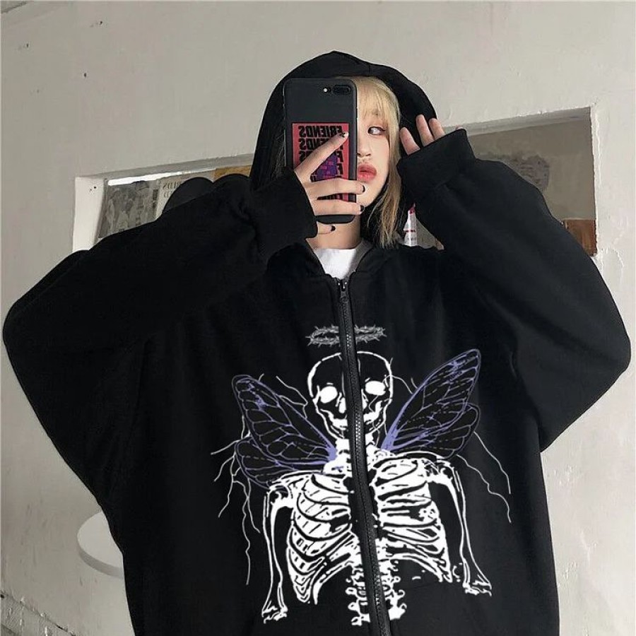 * Dark Goth Skull Printed Drawstring Pullover Long Sleeve Brushed Oversize Zip Up Jacket | Jackets & Coats