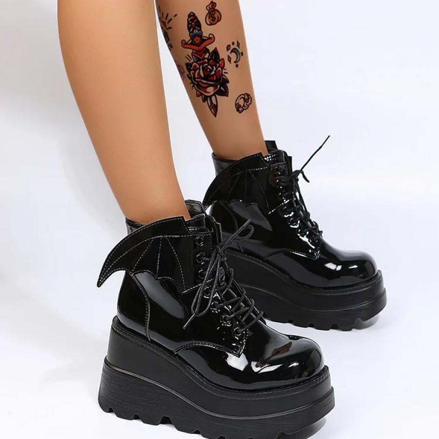 * Dark Wings Lace Up Monoblock Wedges Boots | Boots