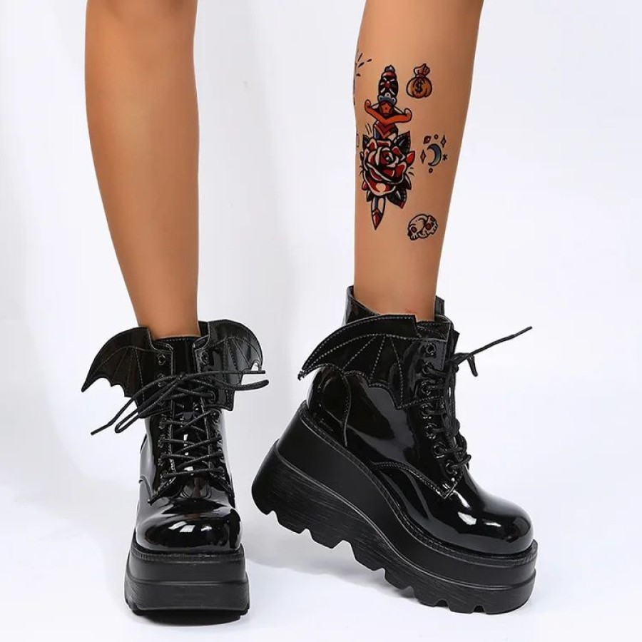 * Dark Wings Lace Up Monoblock Wedges Boots | Boots