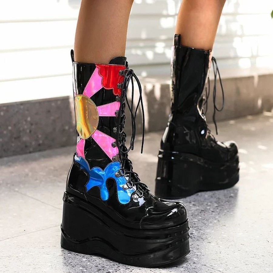 * Statement Color Block Lace Up Side Zipper Platform Boots | Boots