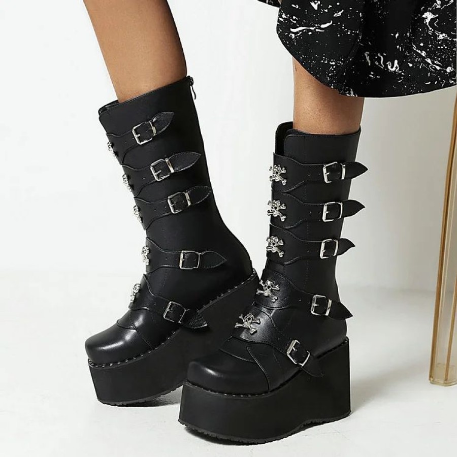 * Buckle Straps Skull Decoration Monoblock Wedges Platform Boots | Boots